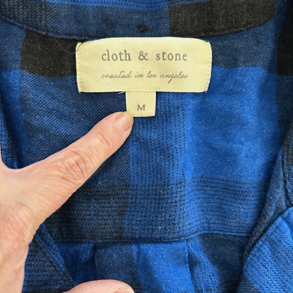 Cloth & Stone Shirt Blue Black Plaid Raw Hem Roll Tab Sleeve Button Down SizeM - Picture 5 of 9
